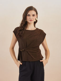 Latin Quarters - Women's Brown Cap Sleeves Round Neck Solid Top