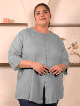 Indietoga Plus Size - Women's Grey Solid Cotton Linen Tunic Top