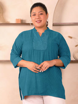 Indietoga Plus Size - Women's Blue Stripes Embroidered Cotton Linen Tunic Top