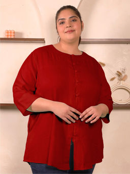 Indietoga Plus Size - Women's Red Solid Cotton Linen Tunic Top