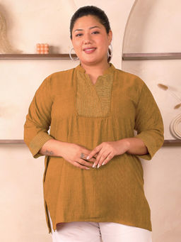 Indietoga Plus Size - Women's Mustard Stripes Embroidered Cotton Linen Tunic Top