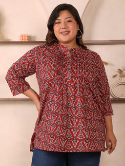 Indietoga Plus Size - Women's Red Printed Cotton Tunic Top