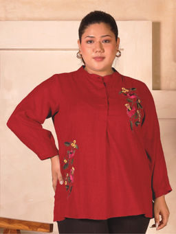 Indietoga Plus Size - Women's Red Floral Embroidered Cotton Tunic Top