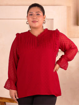 Indietoga Plus Size - Women's Red Self Design Georgette Top