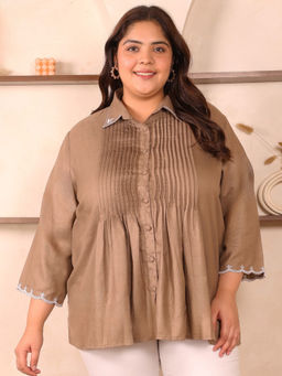 Indietoga Plus Size - Women's Brown Solid Cotton Pleated Shirt Top