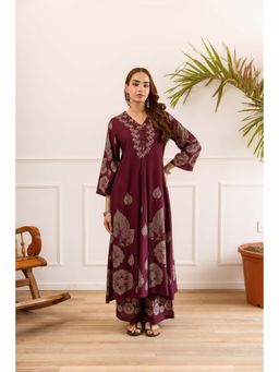 Autumnlane - Karen Berry Wine Printed Cotton Kurta with Palazzo