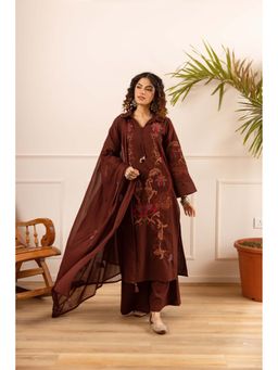 Autumnlane - Karen Chestnut Embroidery Cotton Kurta with Palazzo & Dupatta