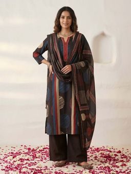 Autumnlane - Swades Jet Cotton Printed Kurta with Palazzo & Dupatta