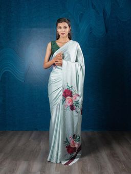 EXCLUSIVA - Tea Green Floral Satin Crepe Digital Print Saree with Unstitched Blouse