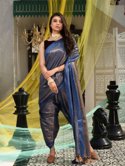 CHARUKRITI - Blue Blended Silk Textured Handwoven Saree with Unstitched Blouse Piece