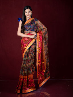 EXCLUSIVA - Multi-Color Printed Cotton Saree with Unstitched Blouse