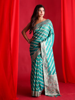Beatitude - Sea Green Banarasi Saree with Meenakari Weaving Unstitched Blouse