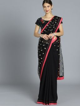 Ethnovog - Black Organza Saree with Black Printed Unstitched Blouse