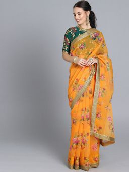Ethnovog - Yellow Silk Saree with Green Printed Unstitched Blouse