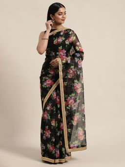 Ethnovog - Black Polyester Saree with Black Printed Unstitched Blouse