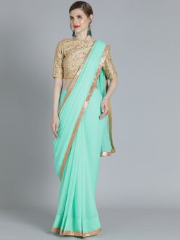 Ethnovog - Green Silk Saree with Gold Embroidered Unstitched Blouse