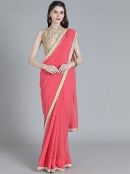 Ethnovog - Pink Silk Saree with Gold Embroidered Unstitched Blouse