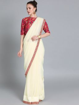 Ethnovog - Cream Silk Saree with Magenta Embroidered Unstitched Blouse