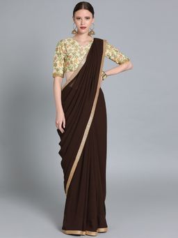 Ethnovog - Brown Silk Saree with Cream Embroidered Unstitched Blouse