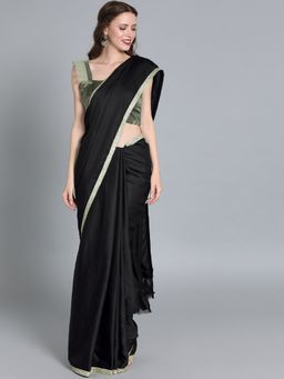 Ethnovog - Black Organza Saree with Green Embroidered Unstitched Blouse