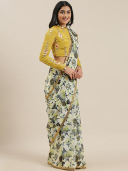 Ethnovog - Multi-Color Silk Saree with Yellow Embroidered Unstitched Blouse