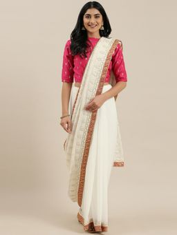 Ethnovog - White Cotton Saree with Pink Embroidered Unstitched Blouse