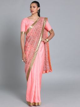 Ethnovog - Pink Silk Saree with Pink Embroidered Unstitched Blouse