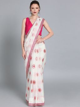 Ethnovog - White Georgette Saree with Pink Embroidered Unstitched Blouse