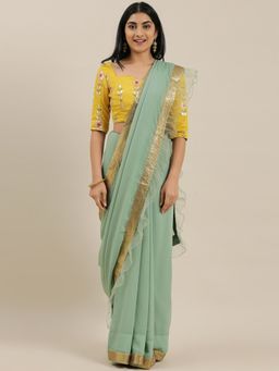 Ethnovog - Green Silk Saree with Yellow Embroidered Unstitched Blouse