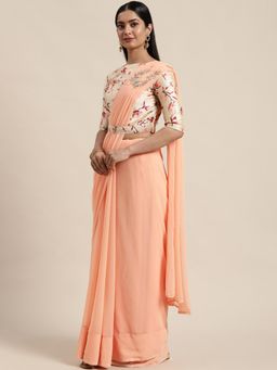 Ethnovog - Orange Cotton Saree with Beige Printed Unstitched Blouse