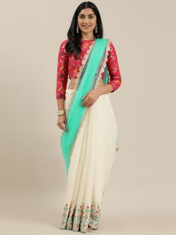 Ethnovog - Multi-Color Silk Saree with Red Embroidered Unstitched Blouse