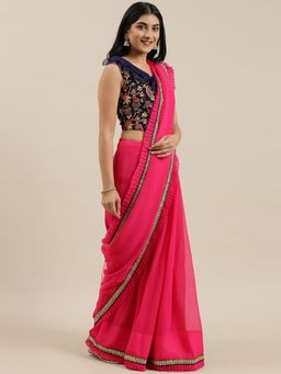 Ethnovog - Pink Georgette Saree with Navy Blue Embroidered Unstitched Blouse
