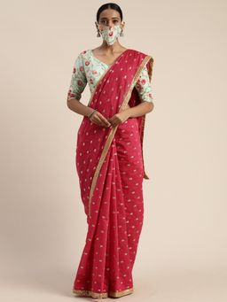 Ethnovog - Pink Silk Saree with Blue Embellished Unstitched Blouse