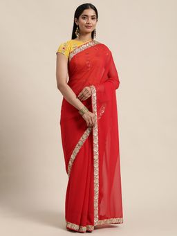Ethnovog - Red Silk Saree with Yellow Embellished Unstitched Blouse
