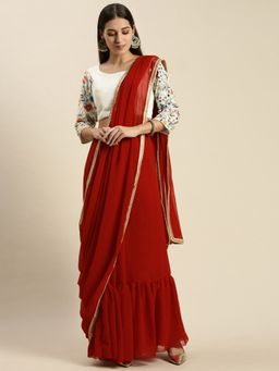 Ethnovog - Red Georgette Saree with White Embellished Unstitched Blouse