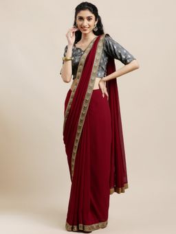 Ethnovog - Maroon Silk Saree with Grey Embellished Unstitched Blouse