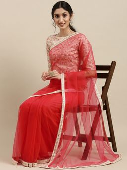 Ethnovog - Red Nylon Saree with Cream Embellished Unstitched Blouse