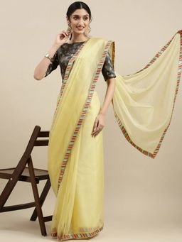 Ethnovog - Yellow Silk Saree with Grey Embroidered Unstitched Blouse