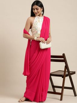 Ethnovog - Pink Polyester Saree with Off White Embroidered Unstitched Blouse