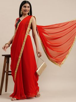 Ethnovog - Red Georgette Saree with Multi-Color Embroidered Unstitched Blouse
