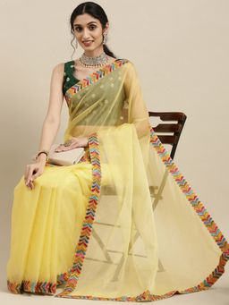 Ethnovog - Yellow Silk Saree with Green Embroidered Unstitched Blouse