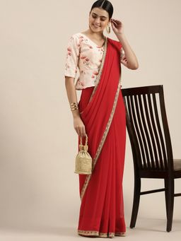 Ethnovog - Red Satin Saree with Pink Embroidered Unstitched Blouse