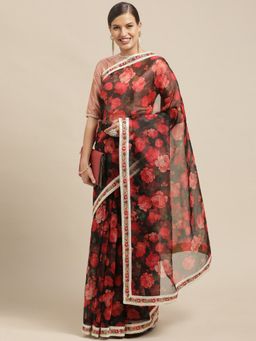 Ethnovog - Black Silk Saree with Pink Printed Unstitched Blouse