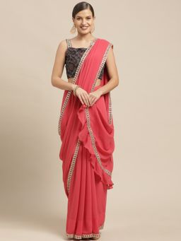 Ethnovog - Pink Silk Saree with Black Embroidered Unstitched Blouse