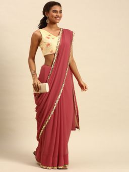 Ethnovog - Pink Georgette Saree with Yellow Embroidered Unstitched Blouse