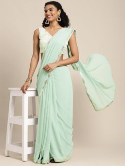 Ethnovog - Blue Georgette Saree with Blue Embroidered Unstitched Blouse