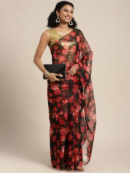 Ethnovog - Black Georgette Saree with Gold Embellished Unstitched Blouse