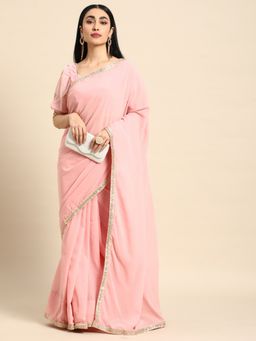 Ethnovog - Pink Georgette Saree with Pink Embroidered Unstitched Blouse