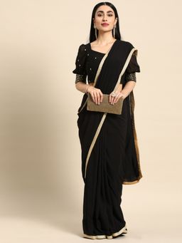 Ethnovog - Black Georgette Saree with Black Embroidered Unstitched Blouse