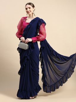 Ethnovog - Navy Blue Organza Saree with Pink Printed Unstitched Blouse